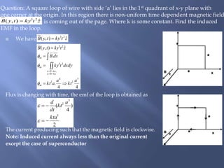  We have
Flux is changing with time, the emf of the loop is obtained as
The current producing such that the magnetic field is clockwise.
Note: Induced current always less than the original current
except the case of superconductor
Question: A square loop of wire with side ‘a’ lies in the 1st quadrant of x-y plane with
one corner at the origin. In this region there is non-uniform time dependent magnetic field
is coming out of the page. Where k is some constant. Find the induced
EMF in the loop.
ztkytyB ˆ),( 23

44
.
.
ˆ),(
5
2
4
2
0
,0
23
23
a
kt
a
akt
dxdytky
dsB
ztkytyB
m
ay
ax
m
m











ztkytyB ˆ),( 23

2
)
4
(
5
5
2
kta
a
kt
dt
d




 