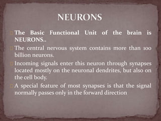 The Basic Functional Unit of the brain is
NEURONS..
The central nervous system contains more than 100
billion neurons.
Incoming signals enter this neuron through synapses
located mostly on the neuronal dendrites, but also on
the cell body.
A special feature of most synapses is that the signal
normally passes only in the forward direction
 