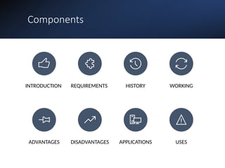 Components
INTRODUCTION REQUIREMENTS HISTORY WORKING
ADVANTAGES DISADVANTAGES APPLICATIONS USES
 