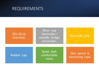 REQUIREMENTS
EEG (8/16
channels).
Silver cup
electrodes /
metallic bridge
electrodes.
Electrode jelly.
Rubber cap.
Quiet dark
comfortable
room.
Skin pencil &
measuring tape.
 