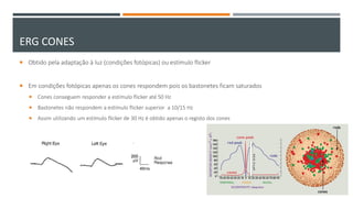 ERG CONES
 Obtido pela adaptação à luz (condições fotópicas) ou estímulo flicker
 Em condições fotópicas apenas os cones respondem pois os bastonetes ficam saturados
 Cones conseguem responder a estímulo flicker até 50 Hz
 Bastonetes não respondem a estímulo flicker superior a 10/15 Hz
 Assim utilizando um estímulo flicker de 30 Hz é obtido apenas o registo dos cones
 