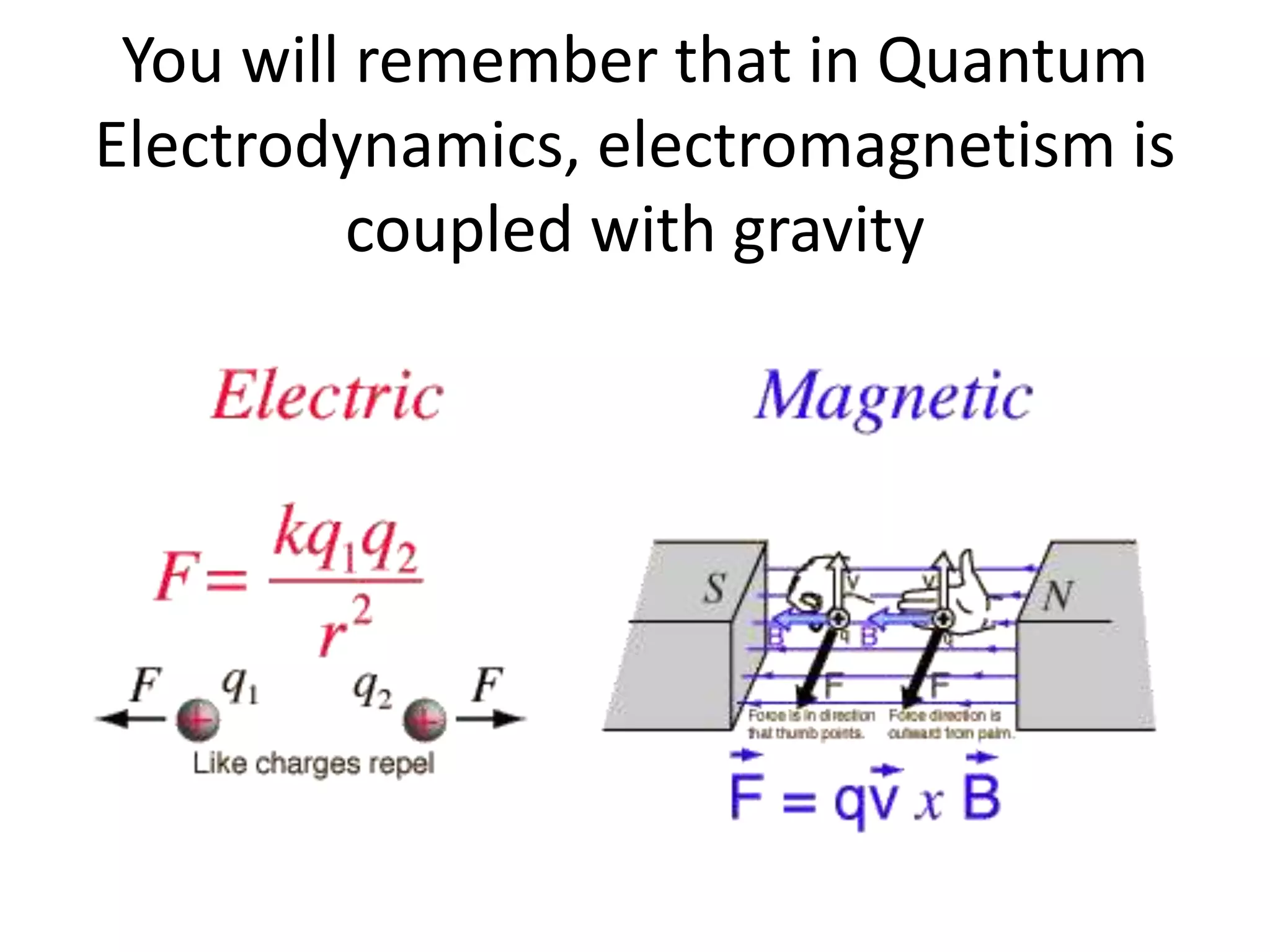 You will remember that in Quantum
Electrodynamics, electromagnetism is
coupled with gravity
 