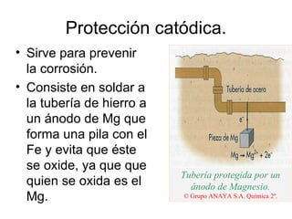 Protección catódica.
• Sirve para prevenir
  la corrosión.
• Consiste en soldar a
  la tubería de hierro a
  un ánodo de Mg que
  forma una pila con el
  Fe y evita que éste
  se oxide, ya que que
                           Tubería protegida por un
  quien se oxida es el       ánodo de Magnesio.
  Mg.                      © Grupo ANAYA S.A. Química 2º.
 