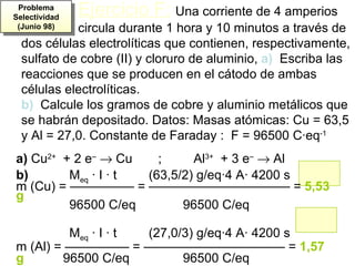 Problema
Selectividad
               Ejercicio F: Una corriente de 4 amperios
 (Junio 98) circula durante 1 hora y 10 minutos a través de
  dos células electrolíticas que contienen, respectivamente,
  sulfato de cobre (II) y cloruro de aluminio, a) Escriba las
  reacciones que se producen en el cátodo de ambas
  células electrolíticas.
  b) Calcule los gramos de cobre y aluminio metálicos que
  se habrán depositado. Datos: Masas atómicas: Cu = 63,5
  y Al = 27,0. Constante de Faraday : F = 96500 C·eq-1
a) Cu2+ + 2 e– → Cu    ;     Al3+ + 3 e– → Al
b)       Meq · I · t (63,5/2) g/eq·4 A· 4200 s
m (Cu) = ————— = ——————————— = 5,53
g
         96500 C/eq        96500 C/eq

         Meq · I · t (27,0/3) g/eq·4 A· 4200 s
m (Al) = ————— = ——————————— = 1,57
g       96500 C/eq         96500 C/eq
 