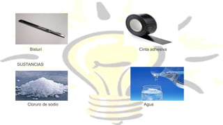 Bisturí Cinta adhesiva
SUSTANCIAS
Cloruro de sodio Agua
 