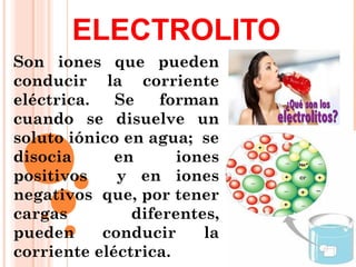 ELECTROLITO
Son iones que pueden
conducir la corriente
eléctrica. Se forman
cuando se disuelve un
soluto iónico en agua; se
disocia en iones
positivos y en iones
negativos que, por tener
cargas diferentes,
pueden conducir la
corriente eléctrica.
 