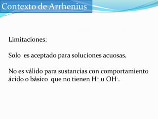 Contexto de ArrheniusLimitaciones:Solo  es aceptado para soluciones acuosas.No es válido para sustancias con comportamiento ácido o básico  que no tienen H+ u OH-.