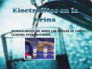 Electrolitos en la orina Generalmente, se miden los niveles de calcio, cloruro, potasio o sodio.