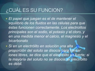 ¿CUÁL ES SU FUNCION?El papel que juegan es el de mantener el equilibrio de los fluidos en las células para que éstas funcionen correctamente. Los electrolitos principales son el sodio, el potasio y el cloro, y en una medida menor el calcio, el magnesio y el bicarbonatoSi en un electrólito en solución una alta proporción del soluto se disocia para formar iones libres, se dice que el electrólito es fuerte; si la mayoría del soluto no se disocia, el electrólito es débil.