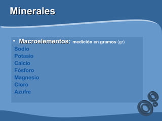 Minerales Macroelementos :  medición en gramos  (gr) Sodio   Potasio   Calcio   Fósforo   Magnesio   Cloro   Azufre 