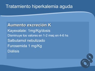 Tratamiento hiperkalemia aguda Aumento excreción K Kayexalate: 1mg/Kg/dosis Disminuye los valores en 1-2 meq en 4-6 hs Salbutamol nebulizado Furosemida 1 mg/Kg Diálisis 