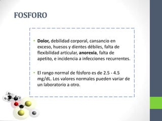 FOSFORO


    • Dolor, debilidad corporal, cansancio en
      exceso, huesos y dientes débiles, falta de
      flexibilidad articular, anorexia, falta de
      apetito, e incidencia a infecciones recurrentes.

    • El rango normal de fósforo es de 2.5 - 4.5
      mg/dL. Los valores normales pueden variar de
      un laboratorio a otro.
 