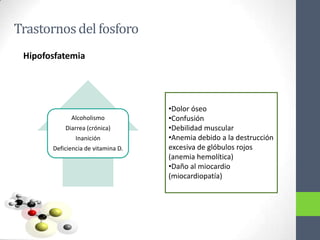 Trastornos del fosforo
 Hipofosfatemia




                                    •Dolor óseo
             Alcoholismo            •Confusión
           Diarrea (crónica)        •Debilidad muscular
               Inanición            •Anemia debido a la destrucción
       Deficiencia de vitamina D.   excesiva de glóbulos rojos
                                    (anemia hemolítica)
                                    •Daño al miocardio
                                    (miocardiopatía)
 