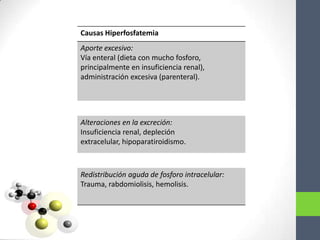 Causas Hiperfosfatemia
Aporte excesivo:
Vía enteral (dieta con mucho fosforo,
principalmente en insuficiencia renal),
administración excesiva (parenteral).




Alteraciones en la excreción:
Insuficiencia renal, depleción
extracelular, hipoparatiroidismo.



Redistribución aguda de fosforo intracelular:
Trauma, rabdomiolisis, hemolisis.
 