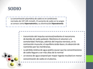 SODIO
• La concentración plasmática de sodio es en condiciones
  normales de 137-145 mmol/L. El aumento de sodio en la sangre
  se conoce como hipernatremia y su disminución hiponatremia




              • transmisión del impulso nervioso(mediante el mecanismo
                de bomba de sodio-potasio). Mantiene el volumen y la
                osmolaridad. Participa, además del impulso nervioso, en la
                contracción muscular, el equilibrio ácido-base y la absorción de
                nutrientes por las membranas.
              • La pérdida relativa de agua podría causar que las concentraciones
                de sodio lleguen a ser más altas de lo normal
              • un exceso de agua corporal por mayor ingesta resultará en menor
                concentración de sodio en el plasma.
 