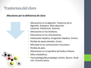 Trastornos del cloro
 Afecciones por la deficiencia de cloro

                      • Alteraciones en la digestión. Trastornos de la
                        digestión. Dispepsia. Mala absorción
                        intestinal. Flatulencias. Gastritis.
                      • Alteraciones en los tendones.
                      • Alteraciones en las articulaciones.
                      • Intoxicación hepática. Congestión hepática. Cirrosis
                      • Pérdida de piezas dentales. Caries.
                      • Dificultad en las contracciones musculares.
                      • Pérdida de pelo.
                      • Alteraciones en el equilibrio del Sodio y Potasio.
                      • fallos metabólicos.
                      • Traumatología/Reumatología: Artritis. Reuma. Tendi
                        nitis. Sinovitis tóxica.
 