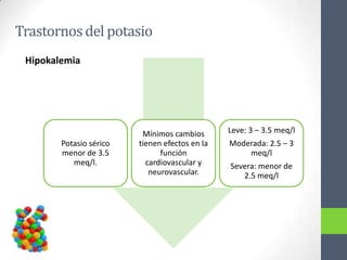 Trastornos del potasio
 Hipokalemia




                          Mínimos cambios       Leve: 3 – 3.5 meq/l
        Potasio sérico   tienen efectos en la   Moderada: 2.5 – 3
        menor de 3.5           función              meq/l
           meq/l.          cardiovascular y     Severa: menor de
                            neurovascular.         2.5 meq/l
 