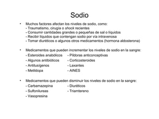 Sodio
• Muchos factores afectan los niveles de sodio, como:
- Traumatismo, cirugía o shock recientes
- Consumir cantidades grandes o pequeñas de sal o líquidos
- Recibir líquidos que contengan sodio por vía intravenosa
- Tomar diuréticos o algunos otros medicamentos (hormona aldosterona)
• Medicamentos que pueden incrementar los niveles de sodio en la sangre:
- Esteroides anabólicos - Píldoras anticonceptivas
- Algunos antibióticos - Corticosteroides
- Antitusígenos - Laxantes
- Metildopa - AINES
• Medicamentos que pueden disminuir los niveles de sodio en la sangre:
- Carbamazepina - Diuréticos
- Sulfonilureas - Triamtereno
- Vasopresina
 