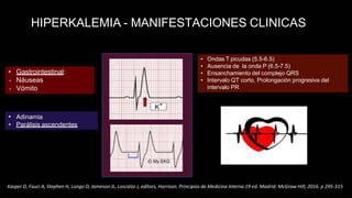 • Gastrointestinal:
• Náuseas
• Vómito
• Adinamia
• Parálisis ascendentes
• Ondas T picudas (5.5-6.5)
• Ausencia de la onda P (6.5-7.5)
• Ensanchamiento del complejo QRS
• Intervalo QT corto, Prolongación progresiva del
intervalo PR
HIPERKALEMIA - MANIFESTACIONES CLINICAS
Kasper D, Fauci A, Stephen H, Longo D, Jameson JL, Loscalzo J, editors, Harrison. Principios de Medicina Interna 19 ed. Madrid: McGraw Hill; 2016. p 295-315
 