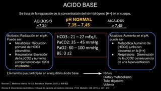 ACIDO BASE
Se trata de la regulación de la concentración del ión hidrógeno [H+] en el cuerpo.
Acidosis: Reducción en el pH.
Puede ser:
● Metabólica: Reducción
primaria de HCO3
plasmático.
● Respiratoria: Elevación
de la pCO2 y aumento
compensatorio de HCO3
en plasma
Alcalosis:Aumento en el pH,
puede ser:
● Metabólica:Aumento de
[HCO3] junto con
descenso en la [H+]
● Respiratoria: Disminución
de la pCO2 consecuencia
de una hiperventilación
Elementos que participan en el equilibrio ácido base Riñón
Dieta y metabolismo
Tubo digestivo
Volemia
Alvarez B. Desórdenes electrolíticos. Enfoque del paciente en medicina intensiva. 1ª Ed. Medellín: CIB; 2018. p. 197 - 210
Rozman C. Medicina Interna. 19° Ed. Barcelona: Elsevier; 2020. p. 809-822
 