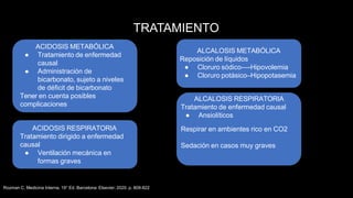 TRATAMIENTO
ACIDOSIS METABÓLICA
● Tratamiento de enfermedad
causal
● Administración de
bicarbonato, sujeto a niveles
de déficit de bicarbonato
Tener en cuenta posibles
complicaciones
ACIDOSIS RESPIRATORIA
Tratamiento dirigido a enfermedad
causal
● Ventilación mecánica en
formas graves
Rozman C. Medicina Interna. 19° Ed. Barcelona: Elsevier; 2020. p. 809-822
ALCALOSIS METABÓLICA
Reposición de líquidos
● Cloruro sódico—-Hipovolemia
● Cloruro potásico–Hipopotasemia
ALCALOSIS RESPIRATORIA
Tratamiento de enfermedad causal
● Ansiolíticos
Respirar en ambientes rico en CO2
Sedación en casos muy graves
 