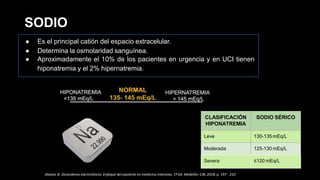 SODIO
● Es el principal catión del espacio extracelular.
● Determina la osmolaridad sanguínea.
● Aproximadamente el 10% de los pacientes en urgencia y en UCI tienen
hiponatremia y el 2% hipernatremia.
CLASIFICACIÓN
HIPONATREMIA
SODIO SÉRICO
Leve 130-135 mEq/L
Moderada 125-130 mEq/L
Severa ≤120 mEq/L
Alvarez B. Desordenes electroliticos. Enfoque del paciente en medicina intensiva. 1ª Ed. Medellin: CIB; 2018. p. 197 - 210
 