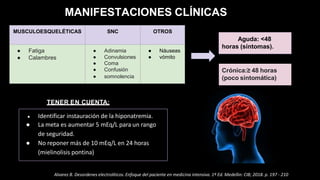 MANIFESTACIONES CLÍNICAS
MUSCULOESQUELÉTICAS SNC OTROS
● Fatiga ● Adinamia ● Náuseas
● Calambres ● Convulsiones
● Coma
● vómito
● Confusión
● somnolencia
Aguda: <48
horas (síntomas).
Crónica:≥ 48 horas
(poco sintomática)
● Identificar instauración de la hiponatremia.
● La meta es aumentar 5 mEq/L para un rango
de seguridad.
● No reponer más de 10 mEq/L en 24 horas
(mielinolisis pontina)
TENER EN CUENTA:
Alvarez B. Desordenes electroliticos. Enfoque del paciente en medicina intensiva. 1ª Ed. Medellin: CIB; 2018. p. 197 - 210
 