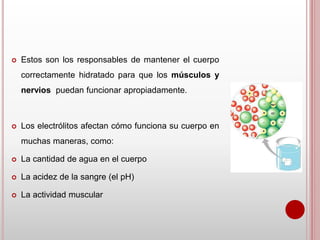  Estos son los responsables de mantener el cuerpo
correctamente hidratado para que los músculos y
nervios puedan funcionar apropiadamente.
 Los electrólitos afectan cómo funciona su cuerpo en
muchas maneras, como:
 La cantidad de agua en el cuerpo
 La acidez de la sangre (el pH)
 La actividad muscular
 