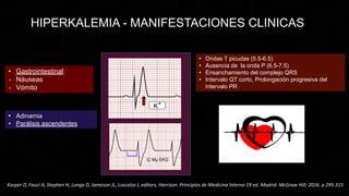 • Gastrointestinal:
• Náuseas
• Vómito
• Adinamia
• Parálisis ascendentes
• Ondas T picudas (5.5-6.5)
• Ausencia de la onda P (6.5-7.5)
• Ensanchamiento del complejo QRS
• Intervalo QT corto, Prolongación progresiva del
intervalo PR
HIPERKALEMIA - MANIFESTACIONES CLINICAS
Kasper D, Fauci A, Stephen H, Longo D, Jameson JL, Loscalzo J, editors, Harrison. Principios de Medicina Interna 19 ed. Madrid: McGraw Hill; 2016. p 295-315
 
