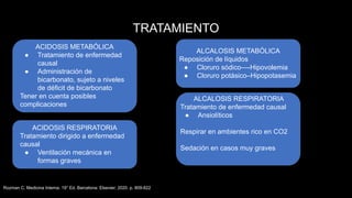 TRATAMIENTO
ACIDOSIS METABÓLICA
● Tratamiento de enfermedad
causal
● Administración de
bicarbonato, sujeto a niveles
de déficit de bicarbonato
Tener en cuenta posibles
complicaciones
ALCALOSIS METABÓLICA
Reposición de líquidos
● Cloruro sódico—-Hipovolemia
● Cloruro potásico–Hipopotasemia
ACIDOSIS RESPIRATORIA
Tratamiento dirigido a enfermedad
causal
● Ventilación mecánica en
formas graves
Rozman C. Medicina Interna. 19° Ed. Barcelona: Elsevier; 2020. p. 809-822
ALCALOSIS RESPIRATORIA
Tratamiento de enfermedad causal
● Ansiolíticos
Respirar en ambientes rico en CO2
Sedación en casos muy graves
 