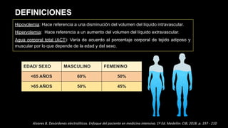 DEFINICIONES
Hipovolemia: Hace referencia a una disminución del volumen del líquido intravascular.
Hipervolemia: Hace referencia a un aumento del volumen del líquido extravascular.
Agua corporal total (ACT): Varía de acuerdo al porcentaje corporal de tejido adiposo y
muscular por lo que depende de la edad y del sexo.
EDAD/ SEXO MASCULINO FEMENINO
<65 AÑOS 60% 50%
>65 AÑOS 50% 45%
Alvares B. Desórdenes electrolíticos. Enfoque del paciente en medicina intensiva. 1ª Ed. Medellin: CIB; 2018. p. 197 - 210
 