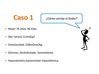 •Mujer 76 años, 46 kilos. 
•[Na+ sérico] 112mEq/l 
•Osmolaridad: 228mOsm/Kg. 
•Diarreas. Deshidratada. Somnolienta. 
•Hiponatremiahipoosmolarhipovolémica. 
¿Cómo corrijo el Sodio? 
Caso 1  