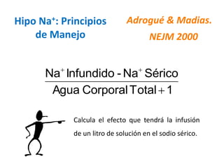 Adrogué & Madias. 
NEJM 2000 
Agua Corporal Total 1 
Na Infundido - Na Sérico 
 
  
Calcula el efecto que tendrá la infusión 
de un litro de solución en el sodio sérico. 
Hipo Na+: Principios 
de Manejo 
 