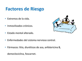 Factores de Riesgo 
•Extremos de la vida. 
•Inmovilizados crónicos. 
•Estado mental alterado. 
•Enfermedades del sistema nervioso central. 
•Fármacos: litio, diuréticos de asa, anfotericinaB, demeclociclina, foscarnet.  