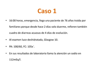 Caso 1 
•16:00 horas, emergencia, llega una paciente de 76 años traída por familiares porque desde hace 2 días solo duerme, refieren también cuadro de diarreas acuosas de 4 días de evolución. 
•Al examen luce deshidratada, Glasgow 10. 
•PA: 100/60, FC: 105x´. 
•En sus resultados de laboratorio llama la atención un sodio en 112mEq/l.  
