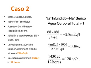 Caso 2 
• Varón 76 años, 68 kilos. 
• [Na+ sérico] 168mEq/l 
• Postrado. Deshidratado. 
Taquipneico. Febril. 
• Solución a usar: Dextrosa 5% + 
1 NaCl 20% 
• La infusión de 1000cc de 
solución, disminuirá el sodio 
sérico en 2.8mEq/l. 
• Necesitamos disminuir 4mEq/l 
en 12 horas. 
Agua Corporal Total 1 
Na Infundido - Na Sérico 
 
  
1430 cc 
2.8 mEq/l 
4 mEq/l 1000 
 
 
2.8mEq/l 
34 1 
68 - 168 
  
 
120 cc/h 
12 horas 
1430 cc 
 
 