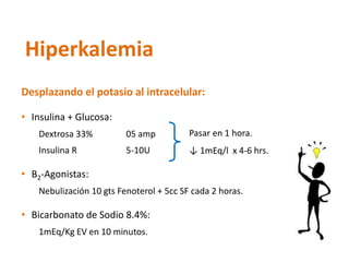 Desplazando el potasio al intracelular: 
•Insulina + Glucosa: 
Dextrosa 33%05 amp 
Insulina R 5-10U 
•B2-Agonistas: 
Nebulización 10 gtsFenoterol+ 5cc SF cada 2 horas. 
•Bicarbonato de Sodio 8.4%: 
1mEq/Kg EV en 10 minutos. 
Pasaren1hora. 
↓1mEq/lx4-6hrs. 
Hiperkalemia  