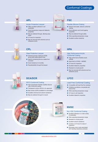 Conformal Coatings

APL

FSC

Acrylic Protective Lacquer
Offers excellent adhesion to all
l

Flexible Silicone Coating
Solvent removable, silicone conformal
l
coating

substrates
Good temperature range and dielectric
l

Good adhesion and humid ageing
l
properties

properties
May be soldered through, allowing easy
l
repair
UV trace
lfor inspection
May be removed with solvents such as
l

May be soldered through safely
l
Wide operating temperature range
l
Excellent
l surface resistivity

Ultrasolve (ULS)

CPL

HPA

Clear Protective Lacquer
General purpose coating for PCBs
l

High Performance Acrylic
Conformal Coating
High performance flexible acrylic
l

giving high quality glossy finish
Ideal for
lprotecting ferrous metals from
corrosion
Good resistance to humidity
l
Resolderability through the lacquer
l

coating
Approved
l to US MIL-1-46058C
UV trace
lfor inspection
Excellent
l dielectric properties
Resistant
l to mould growth
May be removed with solvents such as
l
ultrasolve (ULS)

DCA/DCR

LFCC

SCC3 Conformal Coating
High specification flexible modified silicone
l

Lead Free Conformal Coating

resin conformal coating
Transparent
l version (DCA) is UL approved
Red version
l (DCR) available for camouflage
Excellent
l chemical and solvent resistance
May be soldered through for rework
l

Compatible
l with lead free flux residues
N-Methyl
l pyrrolidone, isocyanate and
phenol free
Wide operating temperature range
l
UV trace
lto aid inspection
Excellent
l dielectric properties

NVOC
Non VOC Conformal Coating
Excellent
l adhesion to a wide variety
of substrates
Wide operating temperature range
l
Resistant
l to mould growth
Excellent
l solvent resistance
Contains
l a UV trace for ease of
inspection
Eliminates
l many costs associated
with handling hazardous products

9

www.electrolube.com

 