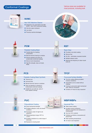 Various sizes are available for
most products, including bulk.

Conformal Coatings

NVMC
Non VOC Machine Cleaner
Designed
l to be used before and after
NVOC – Non VOC Conformal Coating
Very low
lvapour pressure
Low odour
l
Prevents
l machine blockages

PCM

RST

Peelable Coating Mask
Flexible latex for masking
l

Resin Stop
Provides
la non-stick coating
Silicone free
l
Dry film –
l eliminates unwanted transfer
Multiple release cycles
l
Reduces
l the frequency to clean mould

components
Manual removal, leaving no residue
l
Solvent resistant and does not
l
contaminate conformal coatings
Dries at room temperature
l
High film
lstrength, does not break

tools etc

easily

PCS

TFCF

Peelable Coating Mask Synthetic
Thermal
lcure
Ammonia
l free
Manual removal, leaves no residues
l
Does not
l dissolve in solvents or

Fluorocoat Surface Modifier
Thin film
lcoating offering excellent

contaminate conformal coatings
Suitable
lfor use with dip, spray or
brush applied coatings

moisture resistance
Assemblies
l can be coated without
masking
Coating is
l removed by light mechanical
wear, ideal for connectors
Contains
l UV trace for easy inspection

PUC

WBP/WBPs

Polyurethane Coating
Good mechanical strength
l
Excellent
l adhesion under all climatic

Aquacoat Plus
Water based
l coating
Excellent
l solvent resistance,

conditions
Fluoresces
l under UV light to aid
inspection
Wide temperature range -55°C to
l
+130°C

dielectric properties and resistance to
mould growth
Very low
lVOC contents
N-Methyl
l pyrrolidone, isocyanate and
phenol free

Excellent
l resistance to a wide range of
chemicals
Resistant
l to mould growth
10

www.electrolube.com

Wide operating temperatures
l
UV trace
lto aid inspection

 