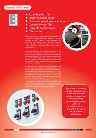 Contact Lubrication
Extends switch
Ÿ life
Improves signal
Ÿ quality
Reduces operating temperature
Ÿ ‘feel’
Controls switch
Ÿ
Prevents contamination
Ÿ
Silicone free
Ÿ
Electrolube have been the leading supplier of
contact lubricants since their invention by the
founder in the 1950’s. They increase the
reliability and lifetime of all current carrying
metal interfaces, including switches, connectors
and busbars.
Electrolube has earned an unsurpassed reputation for the
manufacture and supply of specialist lubricants to the
automotive, military, aerospace, industrial and domestic switch
manufacturing sectors. The range has been developed over
the years to accommodate many advances in such rapidly
advancing industries; combining excellent electrical properties
and lubricity, to improve movement and ‘feel’ characteristics,
with plastics compatibility.
Contact lubricants are specially formulated greases and oils
that reduce friction and enhance the electrical performance of
current carrying metal interfaces in switches and connectors.
Electrolube products are electrically insulative in thick films,
preventing tracking. In ultra thin films, i.e. between closed
metal contacts, they allow the current flow, owing to the
‘Quantum Tunnelling Effect’. They also exhibit a neutral pH
thereby avoiding surface corrosion.
The effectiveness of even perfectly designed switches can be
improved by contact lubricants and, when considered at design
stage, significant production cost savings can be achieved by
the use of less expensive plastics and contact metals.

Tests have shown that
contact lubrication can
extend the lifetime of
switches by more than
300%, producing
excellent performance
under all
circumstances and
preventing the need
for expensive
maintenance

18

www.electrolube.com

 