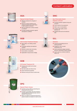 Contact Lubrication

SGA

SWC

Special Contact Grease
Effective
ltreatment for all types of

Non-Flammable Switch
Cleaner Lubricant
Provides
lprotection against arcing and

contacts
Reduces
l contact resistance and
arcing of contacts from small relays
to high capacity contactors
Will not migrate from vertical contacts
l
or surfaces
Provides
lexcellent protection against
atmospheric conditions

corrosion
Can be used
l on live equipment
Safe to use
l on most plastics
Contains
l high quality contact
treatment oil
Supplied
lwith brush and extension
tube

SGB

ULL

2GX Contact Treatment Grease
High quality,
l non-melting contact

Ultralube
Tenacious
l long lasting and non
staining lubricant

grease
Lubricates
l switches and electrical

Suitable
lfor use on printer
mechanisms, etc.

contacts
Reduces
l contact wear and arcing
Good plastics compatibility
l
Applicable
l for high and low voltage

Can be used
l as an edge connector
lubricant, particularly for gold contacts
Can be used
l as a silicone inhibit for
relays, etc.

SOB
2X Contact Treatment Oil
Contact oil
l for switch and contact
applications
Non-flammable and silicone free
l
Good mechanical properties
l
Reduces
l arcing and hence contact wear

SPG
Special Plastic Grease
Synthetic
l grease offering outstanding low
temperature performance
Excellent
l compatibility with thermoplastics,
including ABS and Polycarbonate, even at
elevated temperatures
SPG is an
l efficient mechanical lubricant for
plastic-to-plastic and plastic-to-metal contact

21

www.electrolube.com

 