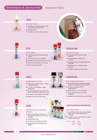 Maintenance & Service Aids

Cleaners & Paints

ASA
Anti-static Spray
Powerful
lnon-foaming cleaner which
also prevents static build-up
Non-flammable
l
Suitable
lfor a wide variety of surfaces

DTP

PGB/PGM

Paint Stripper
Extremely
l powerful paint and varnish

Galvanising Spray
Cold galvanisation paint for metal
l

remover

surfaces

Can be used
l for removing graffiti
Suitable
lfor removing varnishes on wood
May be removed simply by brushing
l
Not to be
l used on plastics

Protects
lagainst oxidation and
corrosion
Very fast
ldrying with excellent adhesion
properties
May be used
l as a primer for fixing
lacquers
Available
l in gloss and matt finishes

GRG

PNM/PAM

Graffiti Remover Gel

High Temperature Paints
Heat resistant paints suitable for objects
l

High viscosity gelled product – clings
l
to vertical surfaces
Low odour,
l low volatility – longer
contact time
Removes
l graffiti from porous and nonporous surfaces e.g. wood, brick, vinyl
Harmless
l to most plastics and metals
Effective
land economical in use

exposed to temperatures of up to 650°C
Excellent
l coverage and flow
characteristics
Rapid drying
l to a very tough finish
Good adhesion and anti-corrosion
l
properties
Available
l in aluminium grey and matt black

GRS

PWB/PVB/PBB/PJB/PRB/PNB

Graffiti Remover for Sensitive
Surfaces
Removes
l graffiti from porous and

High Gloss Paints
Quick drying, high quality, universal spray
l

semi-porous surfaces, e.g. vinyl and
laminates
Pleasant
llight odour
Contains
l non-chlorinated solvents
Compatible
l with most plastics and
metals

26

www.electrolube.com

paints with excellent coverage and
hardness
Suitable
lfor use in manufacturing, repair,
workshop and home
Colours: White
Yellow
Red

Blue
Black
Green

 