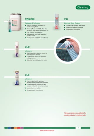 Cleaning

SWA/SRI

VID

Safewash & Saferinse
SWAJ in
lan aerosol formulation for

Magnetic Head Cleaner
For use on
l all magnetic tape heads
Quick drying, leaving no residue
l
Good plastics compatibility
l

bench cleaning PCBs
Removes
l fluxes from PCBs. May also
be used to clean grease and general dirt
Fast, effective foaming action
l
Use Saferinse (SRI) after cleaning to
l
give final polish
Biodegradable and 100% ozone friendly
l

ULC
Ultraclens
Highly penetrating cleaning solvent for
l
removing heavy deposits
Excellent
l cold cleaner for electronics
and engineering
Offers low
l flammability and low odour

ULS
Ultrasolve
Fast drying
l solvent for quick and
efficient cleaning of electrical equipment
Excellent
l removal of grease, oil, flux
residues and acrylic conformal coatings
Leaves clean, dry surface
l
Compatible
l with most plastics

Various sizes are available for
most products, including bulk.

7

www.electrolube.com

 