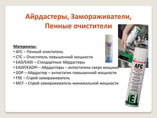Айрдастеры, Замораживатели,
Пенные очистители
Материалы:
• AFC – Пенный очиститель
• CTC – Очиститель повышенной мощности
• EAD/EADI – Стандартные Айрдастеры
• EADP/EADPI – Айрдастеры – антистатики сверх мощные
• GDP – Айрдастер – антистатик повышенной мощности
• FRE – Спрей замораживатель
• MCF – Спрей замораживатель минимальной мощности

 