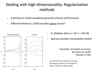 Dealing with high-dimensionality: Regularization 
methods 
28 
• A penalty on model complexity generally enhance performances 
• Different behaviour: LASSO provides sparse results! 
• Ie. Diabetes data: p = 10, n = 367 [4] 
• Sparsity provides interpretable models 
Essentially, all models are wrong, 
but some are useful 
- George E.P. Box 
[4] ‘The Elements of Statistical Learning: 
Data Mining, Inference, and Prediction’ – 
Hastie, Tibshirani, Friedman 2009 
 