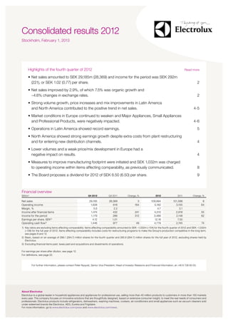 XX




Consolidated results 2012
Stockholm, February 1, 2013 			




      Highlights of the fourth quarter of 2012	                                                                                                       Read more

      •	Net sales amounted to SEK 29,185m (28,369) and income for the period was SEK 292m
        (221), or SEK 1.02 (0.77) per share.	                                                                                                                      2
      •	Net sales improved by 2.9%, of which 7.5% was organic growth and
        –4.6% changes in exchange rates. 	                                                                                                                         2
      •	Strong volume growth, price increases and mix improvements in Latin America
        and North America contributed to the positive trend in net sales. 	                                                                                   4-5
     •	Market conditions in Europe continued to weaken and Major Appliances, Small Appliances
       and Professional Products, were negatively impacted. 	                                                                                                 4-6
     •	Operations in Latin America showed record earnings. 	                                                                                                       5
     •		 orth America showed strong earnings growth despite extra costs from plant restructuring
       N
       and for entering new distribution channels.	                                                                                                                4
     •	Lower volumes and a weak price/mix development in Europe had a
       negative impact on results. 	                                                                                                                               4
     •	Measures to improve manufacturing footprint were initiated and SEK 1,032m was charged
       to operating income within items affecting comparability, as previously communicated.	                                                                      8
     •	The Board proposes a dividend for 2012 of SEK 6.50 (6.50) per share.	                                                                                       9



Financial overview
SEKm1)                                                       Q4 2012            Q4 2011          Change, %                 2012                2011          Change, %

Net sales                                                     29,185            28,369                    3            109,994             101,598                      8
Operating income                                               1,628               616                  164              5,182               3,155                     64
Margin, %                                                         5.6               2.2                                     4.7                 3.1
Income after financial items                                   1,474               432                  241              4,510               2,918                     55
Income for the period                                          1,179               286                  312              3,486               2,148                     62
Earnings per share, SEK 2)                                       4.12             1.01                                   12.18                7.55
Operating cash flow3)                                          1,446               977                   48              4,779               2,745                     74
1)	Key ratios are excluding items affecting comparability. Items affecting comparability amounted to SEK –1,032m (–104) for the fourth quarter of 2012 and SEK –1,032m
    (–138) for the full year of 2012. Items affecting comparability includes costs for restructuring programs to make the Group’s production competitive in the long term,
    see pages 8 and 12.
2)	 asic, based on an average of 286.1 (284.7) million shares for the fourth quarter and 285.9 (284.7) million shares for the full year of 2012, excluding shares held by
    B
    Electrolux.
3)	 Excluding financial items paid, taxes paid and acquisitions and divestments of operations.

Nullupid qui voluptiumdilution,di as si 12.
For earnings per share after sum see page
For definitions, see page 22.



         For further information, please contact Peter Nyquist, Senior Vice President, Head of Investor Relations and Financial Information, at +46 8 738 60 03.




About Electrolux
Electrolux is a global leader in household appliances and appliances for professional use, selling more than 40 million products to customers in more than 150 markets
every year. The company focuses on innovative solutions that are thoughtfully designed, based on extensive consumer insight, to meet the real needs of consumers and
professionals. Electrolux products include refrigerators, dishwashers, washing machines, cookers, air-conditioners and small appliances such as vacuum cleaners sold
under esteemed brands like Electrolux, AEG, Eureka and Frigidaire.
For more information, go to www.electrolux.com/press and www.electrolux.com/news.
 