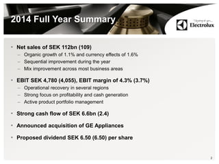 2014 Full Year Summary
• Net sales of SEK 112bn (109)
– Organic growth of 1.1% and currency effects of 1.6%
– Sequential improvement during the year
– Mix improvement across most business areas
• EBIT SEK 4,780 (4,055), EBIT margin of 4.3% (3.7%)
– Operational recovery in several regions
– Strong focus on profitability and cash generation
– Active product portfolio management
• Strong cash flow of SEK 6.6bn (2.4)
• Announced acquisition of GE Appliances
• Proposed dividend SEK 6.50 (6.50) per share
2
 