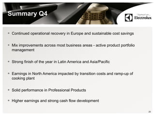 Summary Q4
 Continued operational recovery in Europe and sustainable cost savings
 Mix improvements across most business areas - active product portfolio
management
 Strong finish of the year in Latin America and Asia/Pacific
 Earnings in North America impacted by transition costs and ramp-up of
cooking plant
 Solid performance in Professional Products
 Higher earnings and strong cash flow development
25
 