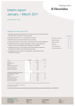 theas




Interim report
January – March 2011
Stockholm, April 27, 2011




Highlights of the first quarter of 2011

•	 Net sales amounted to SEK 23,436m (25,133) and income for the period was
   SEK 457m (911), or SEK 1.61 (3.20) per share.                                                                                                              Contents
•	 Net sales increased by 1% in comparable currencies.                                                                      Net sales and income                    2
•	 Market demand improved in Electrolux main markets.                                                                       Market overview                         3
•	 Strong sales growth in Latin America, Asia/Pacific and for Small Appliances.                                             Business areas                          3
•	 Operating income amounted to SEK 696m (1,326), corresponding to a                                                        Cash flow                               6
   margin of 3.0% (5.3), excluding items affecting comparability.
                                                                                                                            Financial position                      6
•	 Operating income for most business areas was adversely impacted by
                                                                                                                            Financial statements                   10
   increased raw-material costs and lower sales prices.
•	 Operating income improved for the operations in Asia/Pacific and for
   Professional Products.




                                                                                                     Change
SEKm                                                        Q1 2011             Q1 2010                  %

Net sales                                                   23,436               25,133                  –7
Operating income                                               696                1,231                 –43
Margin, %                                                       3.0                  4.9
Income after financial items                                   637                1,211                  –47
Income for the period                                           457                 911                 –50
Earnings per share, SEK1)                                      1.61                3.20
Return on net assets, %                                        13.8                24.8


Excluding items affecting comparability
Items affecting comparability                                     0                 –95
Operating income                                               696                1,326                 –48
Margin, %                                                       3.0                  5.3
Income after financial items                                   637                1,306                 –51
Income for the period                                          457                  981                 –53
Earnings per share, SEK1)                                      1.61                3.45
Return on net assets, %                                        12.8                25.0

1) Basic, based on an average of 284.7 (284.5) million shares for the first quarter, excluding shares held by Electrolux.

For earnings per share after dilution, see page 10.
For definitions, see page 20.

For further information, please contact Peter Nyquist, Head of Investor Relations and Financial Information, at +46 8 738 60 03.




AB ELECTROLUX (PUBL)
Postal address                                        Media hotline                               Investor Relations                       E-mail
SE-105 45 Stockholm, Sweden                           +46 8 657 65 07                             +46 8 738 60 03                          ir@electrolux.se
Visiting address                                      Telefax                                     Website                                  Reg. No.
S:t Göransgatan 143                                   +46 8 738 74 61                             www.electrolux.com                       556009-4178
 