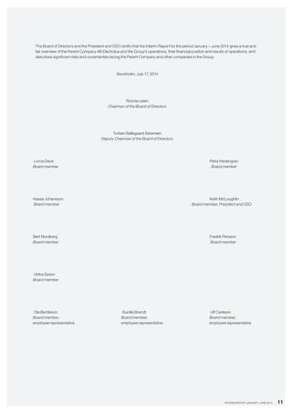 11INTERIM REPORT JANUARY–JUNE 2014
The Board of Directors and the President and CEO certify that the Interim Report for the period January – June 2014 gives a true and
fair overview of the Parent Company AB Electrolux and the Group’s operations, their financial position and results of operations, and
describes significant risks and uncertainties facing the Parent Company and other companies in the Group.
Stockholm, July 17, 2014
Ronnie Leten
Chairman of the Board of Directors
Torben Ballegaard Sørensen
Deputy Chairman of the Board of Directors
	 Lorna Davis									Petra Hedengran
	 Board member									 Board member
	Hasse Johansson									Keith McLoughlin
	 Board member 								Board member, President and CEO
	Bert Nordberg									Fredrik Persson
	Board member									 Board member
	 Ulrika Saxon								
	Board member									
	 Ola Bertilsson				 Gunilla Brandt				 Ulf Carlsson
	Board member,				Board member,				Board member,
	employee representative			employee representative			employee representative
 